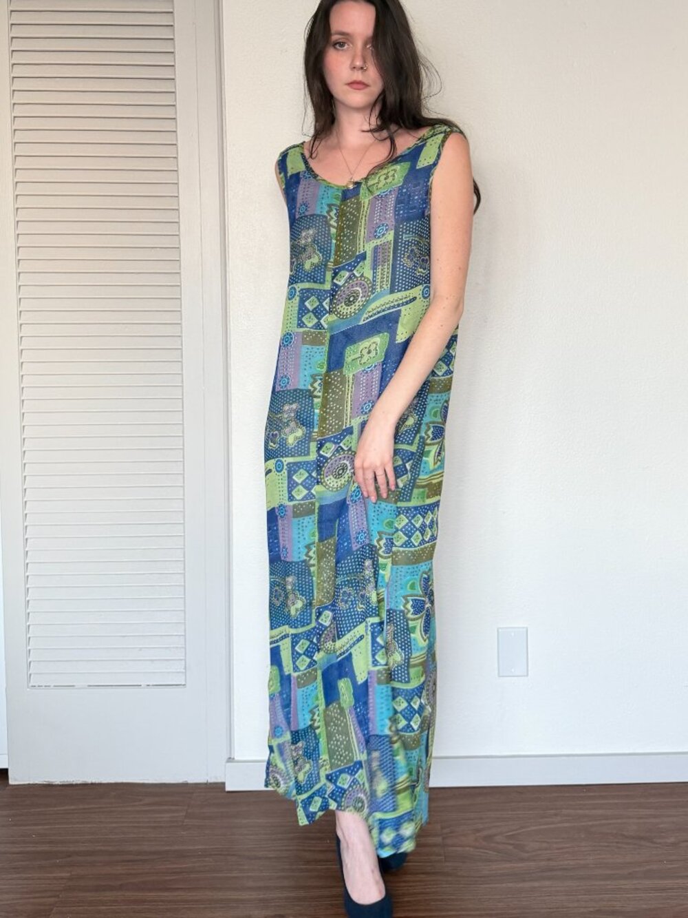 90s Reversible Tank Dress (L) large blue green vintage maxi boho flowy tall cute
